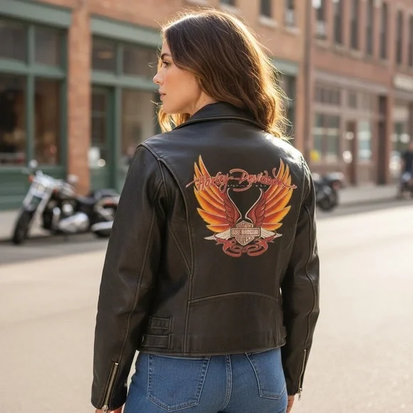 Harley-Davidson Women’s Medium Leather Jacket Custom Hand Painted Back
